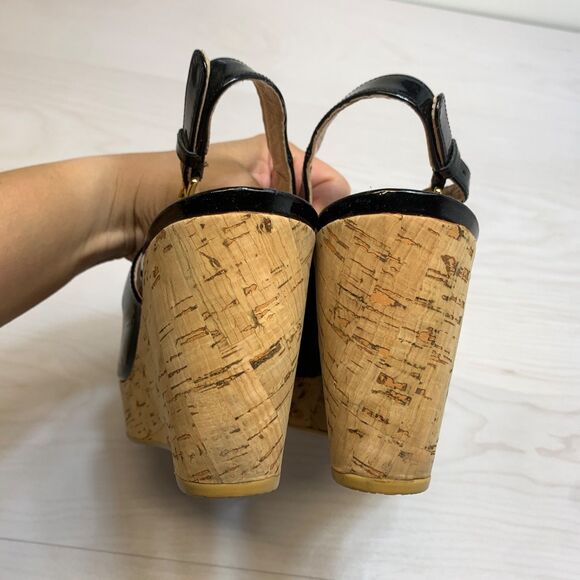 Stuart Weitzman Womens 11M Riveria Sandals Black Patent Leather Slingback Wedge - Picture 4 of 10